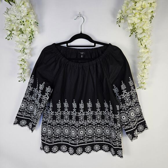Talbots Petites Black Embroidered Peasant Top Blouse Boho Floral 3/4 Sleeve MP - Picture 2 of 9